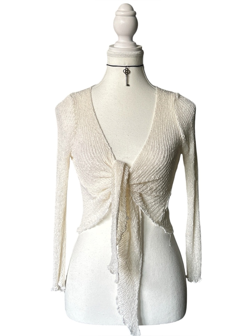 Y2K Coquette “Bellissima” Basic Off White Ruffle Trim Sheer Tie-up Cardigan